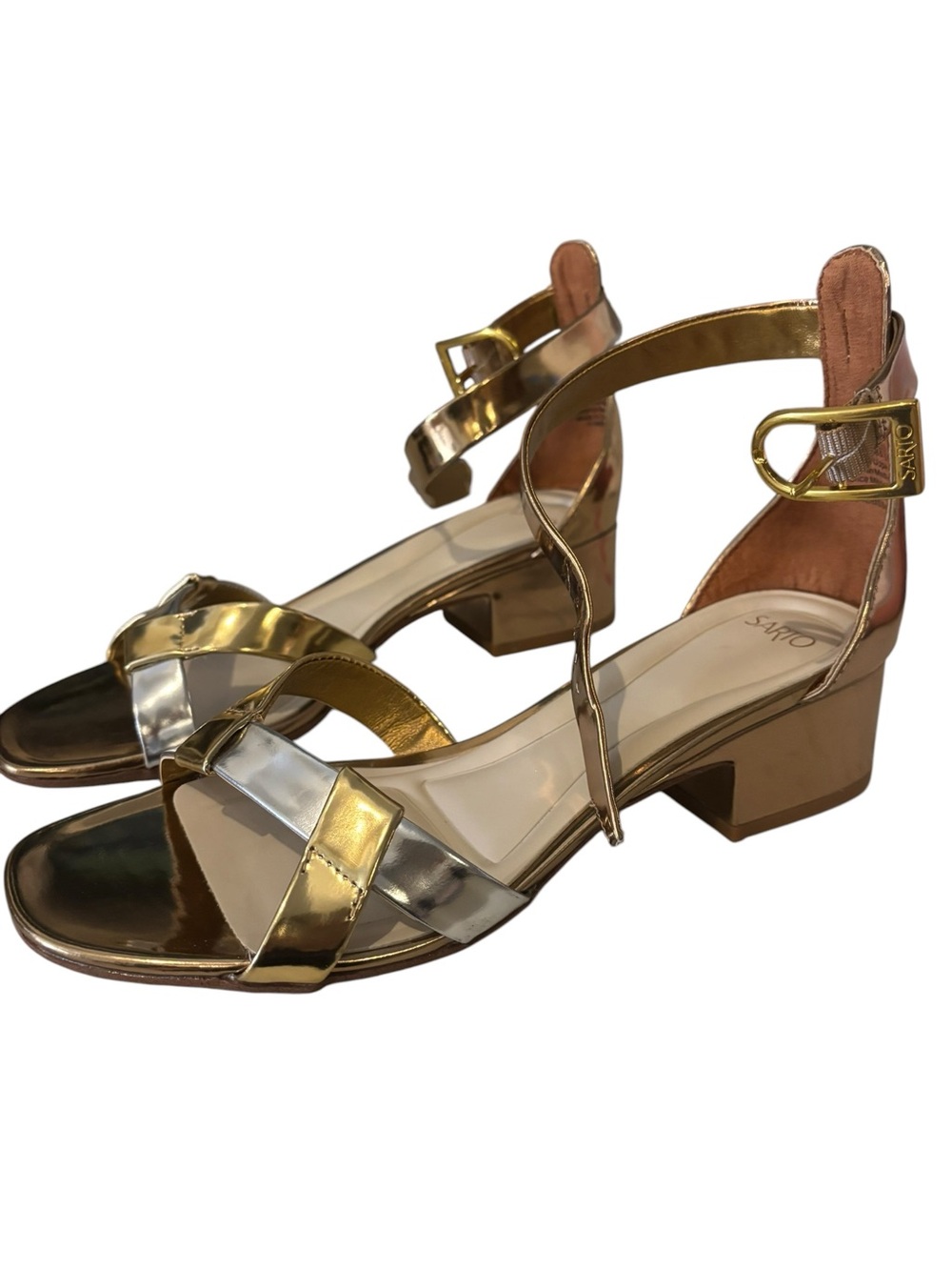 Franco Sarto Metallic Gold & Silver Low Block Heel Sandals Women’s Size 8 - Picture 1 of 6